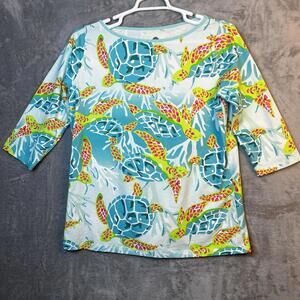 AnaClare Womens Shirt Size XL Graphic Sea Turtles Turquoise 3/4 Sleeve Coastal